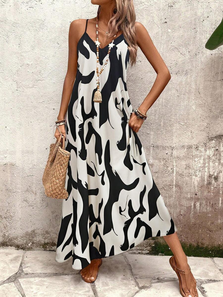 Elena | Vestito Estivo alla Moda con Spalline Sottili, Schiena Nuda e Design Grafico Accattivante