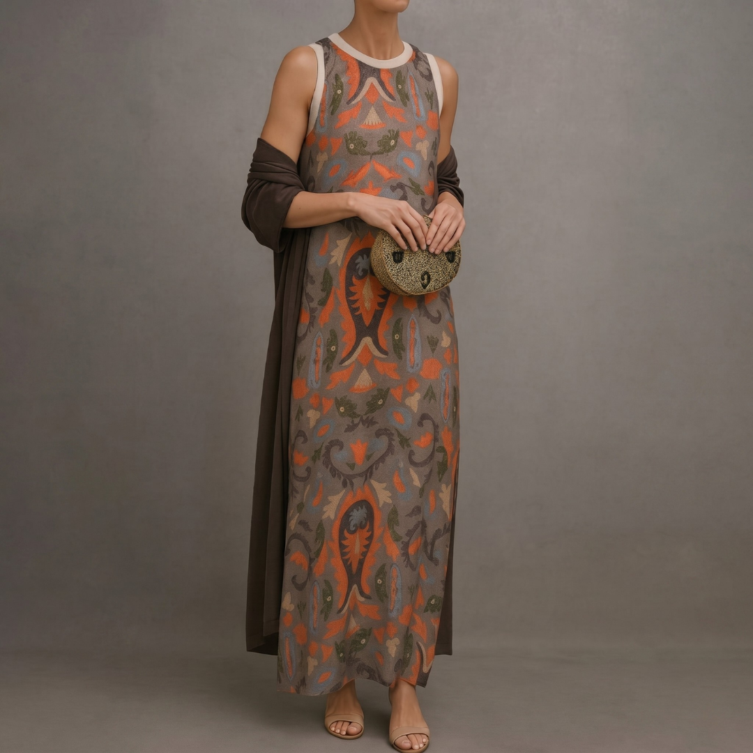 Daniela | Abito lungo stampato con gilet coordinato