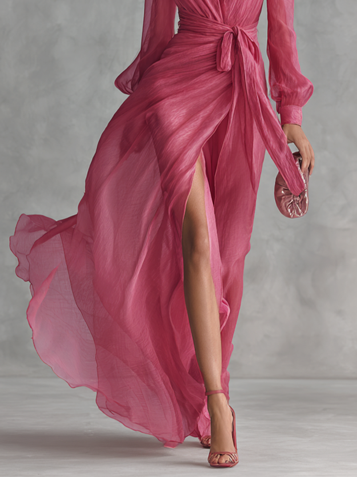 Robe Longue Élégante Femme en Chiffon Rosa Poudré con Perle, Décolleté a V e Vita Legata