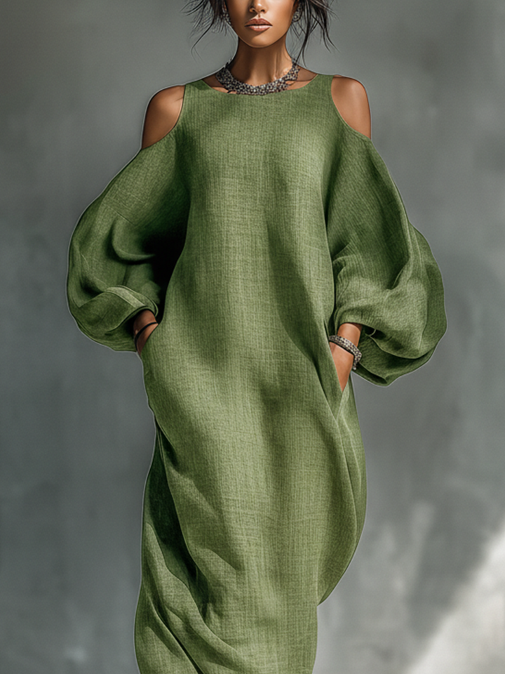 Abito maxi donna verde chiaro con spalle scoperte, maniche a sbuffo oversize e tasche laterali
