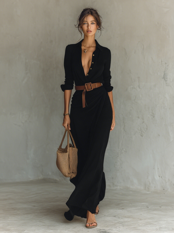 Robe Maxi Lunga con Collo Revers e Maniche Lunghe per Donne