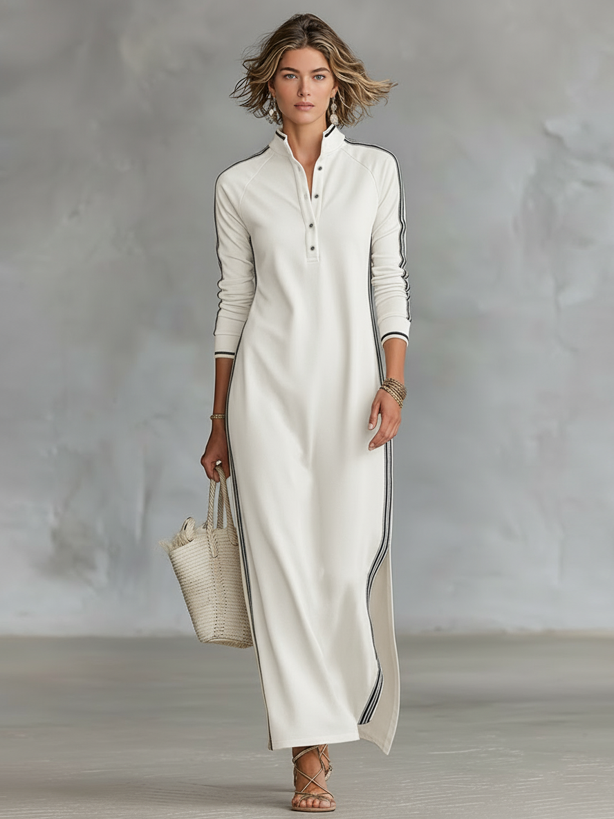 Abito Maxi Felpa Donna con Colletto Button-down e Bordo Bianco