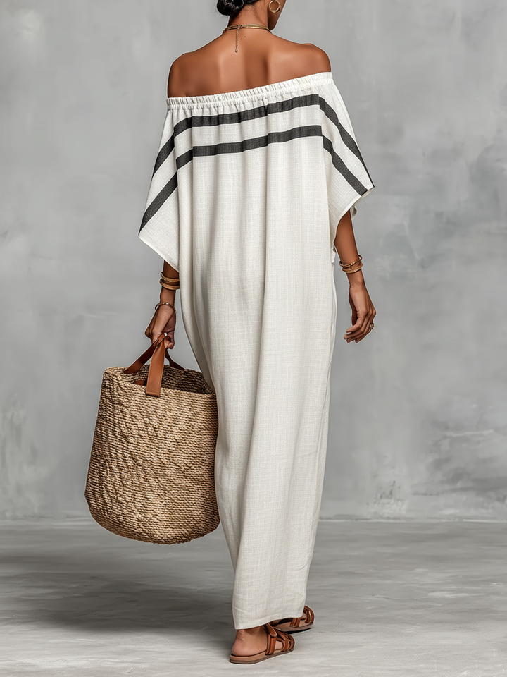 Abito Maxi Minimalista in Lino per Donna con Scollo Off-the-Shoulder e Maniche a Pipistrello