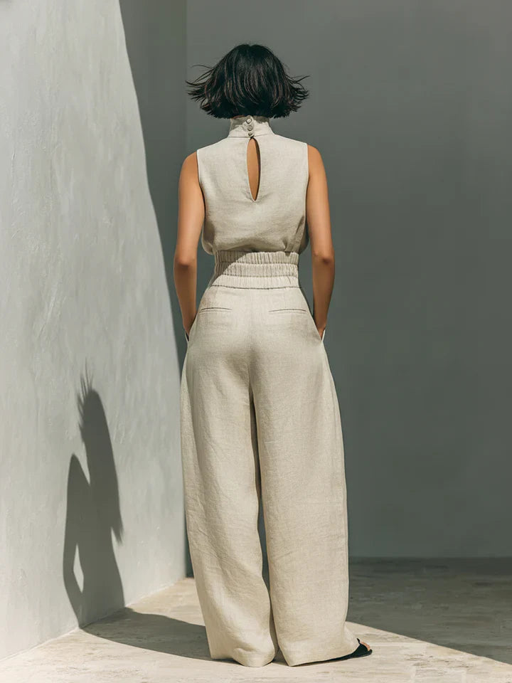 Flor™ | Completo minimalista di canotta e pantaloni a gamba larga in cotone e lino per donna