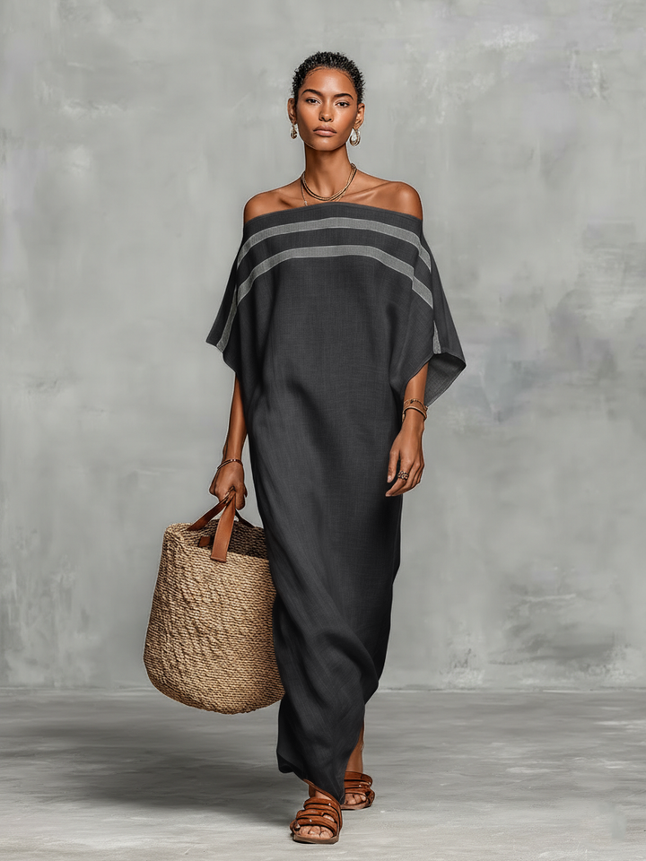 Abito Maxi Minimalista in Lino per Donna con Scollo Off-the-Shoulder e Maniche a Pipistrello