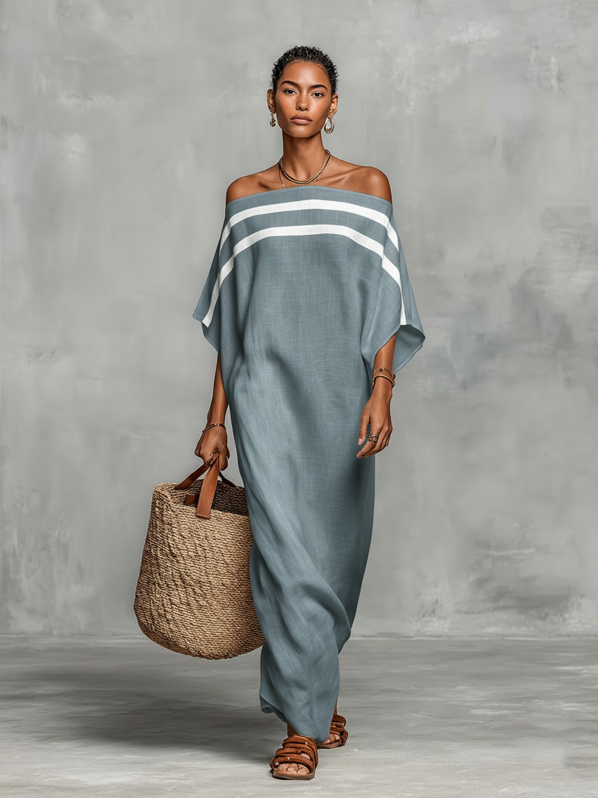 Abito Maxi Minimalista in Lino per Donna con Scollo Off-the-Shoulder e Maniche a Pipistrello