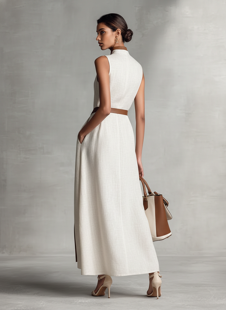 Abito Maxi in Cotone e Lino Senza Maniche con Scollatura a V e Cintura da Annodare per Donne