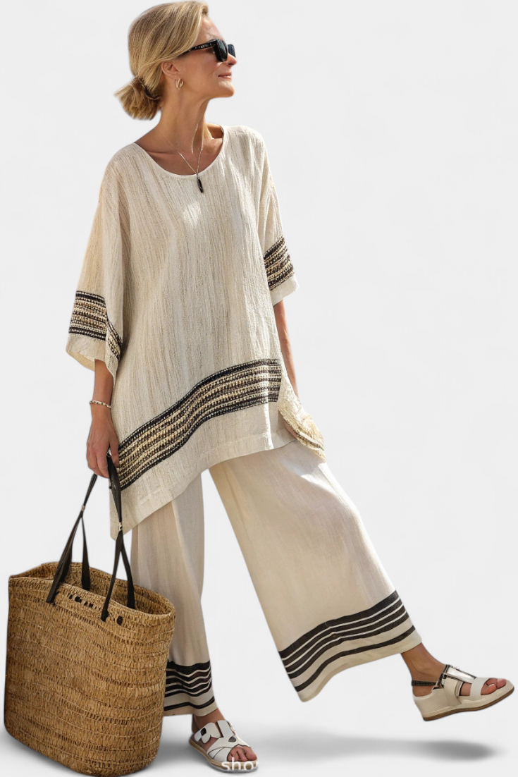 Mariella – top in lino a righe nere elegante e pantaloni fluidi