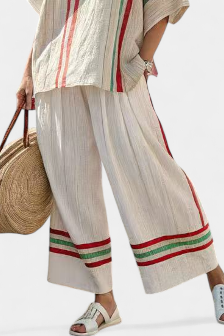 Completo Mediterraneo Daisy in lino di bambù con eleganti righe rosse e verdi