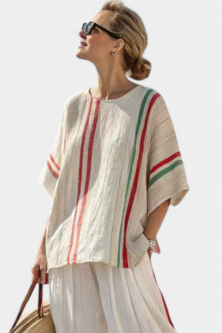 Completo Mediterraneo Daisy in lino di bambù con eleganti righe rosse e verdi