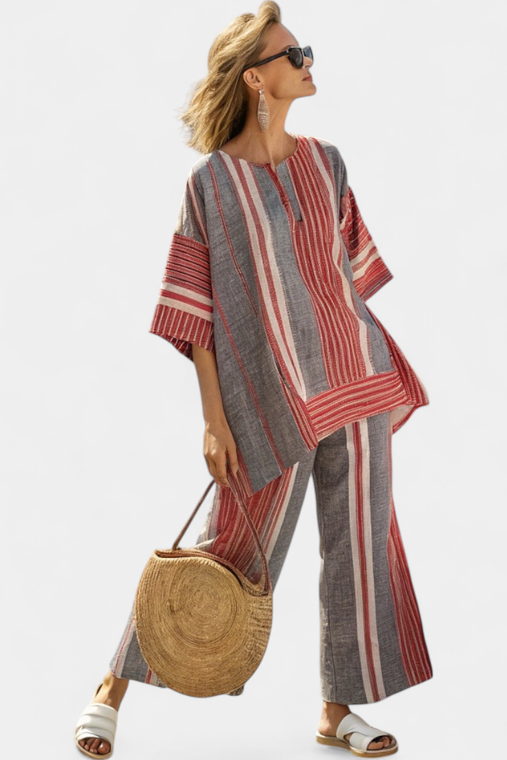 Completo Oversize Daisy in Lino con Faldea a Righe Rosse Corallo e Grigie, Stile Moderno e Confortevole