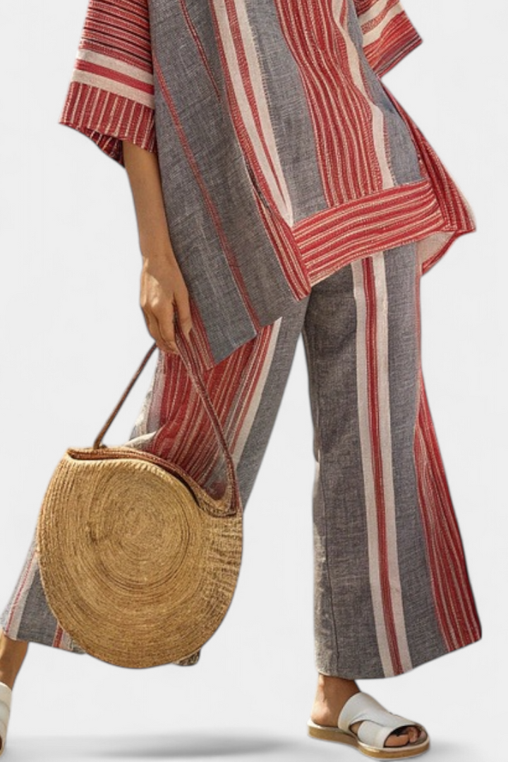 Completo Oversize Daisy in Lino con Faldea a Righe Rosse Corallo e Grigie, Stile Moderno e Confortevole