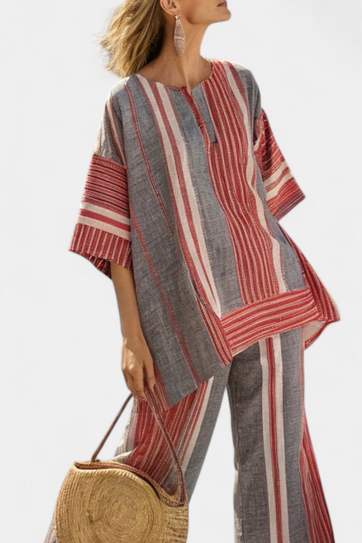 Completo Oversize Daisy in Lino con Faldea a Righe Rosse Corallo e Grigie, Stile Moderno e Confortevole