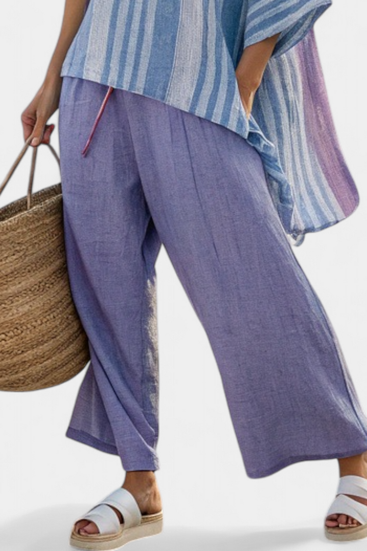 Elegante Set in Lino Daisy in Lavanda e Blu Cielo a Righe