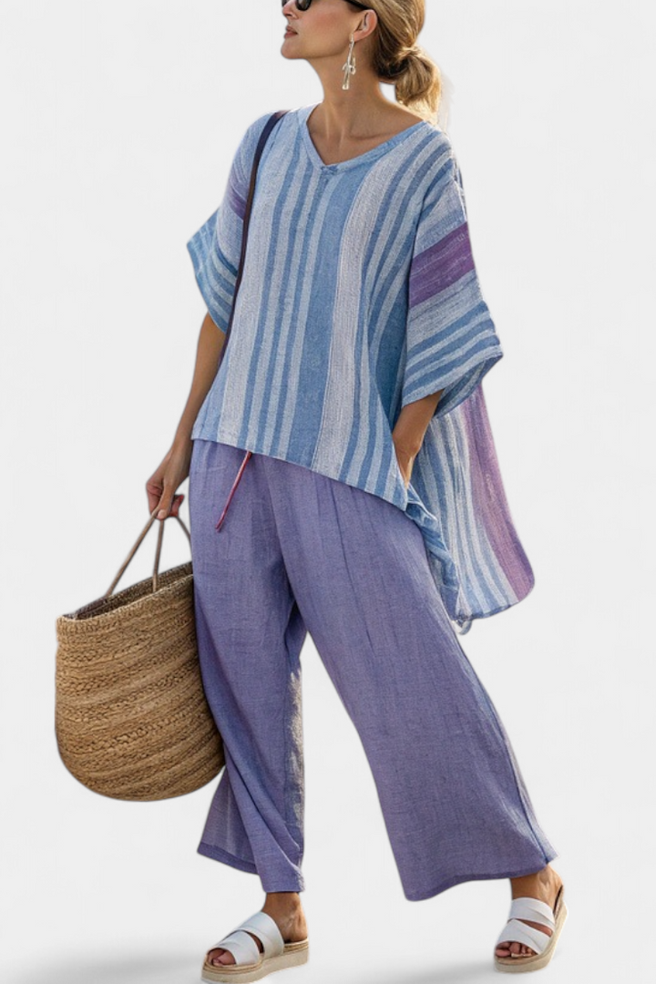 Elegante Set in Lino Daisy in Lavanda e Blu Cielo a Righe