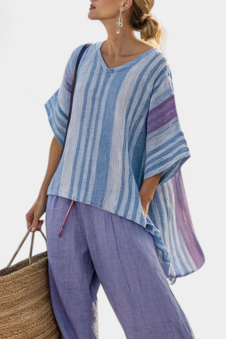 Carlotta – top elegante lavanda e azzurro cielo e pantaloni in lino