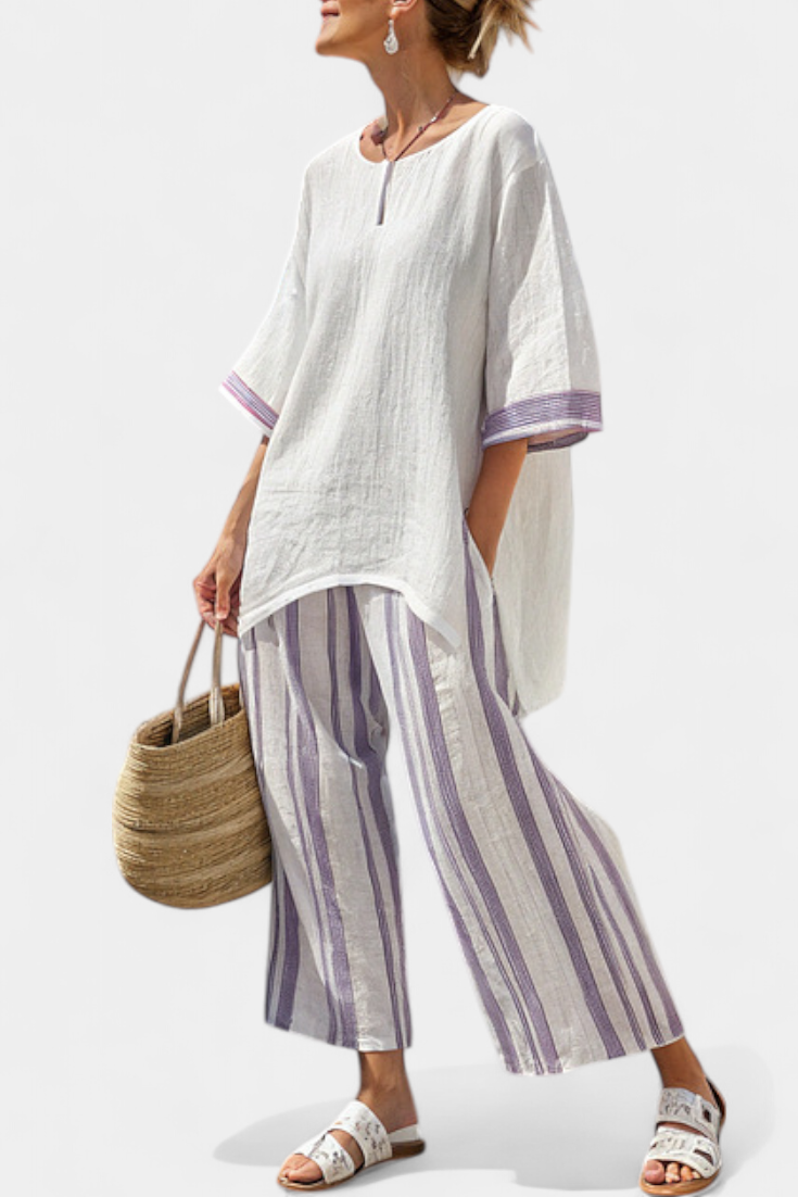 Completo casual Daisy con blusa ampia e pantaloni a righe in lino di bambù per uno stile comodo e fresco