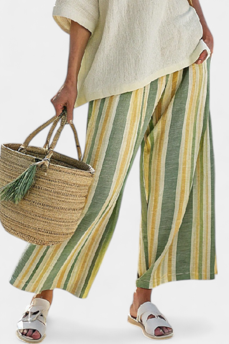 Completo di lino di bambù Daisy Mediterraneo con righe verde oliva per uno stile rinfrescante e sofisticato