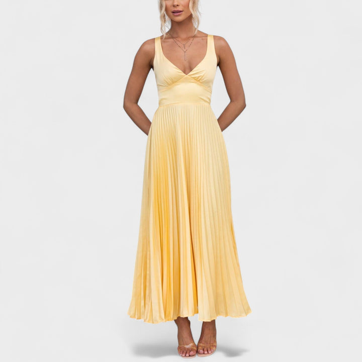 Aby - Vesta Maxi Gialla Plissettata con Scollatura a V