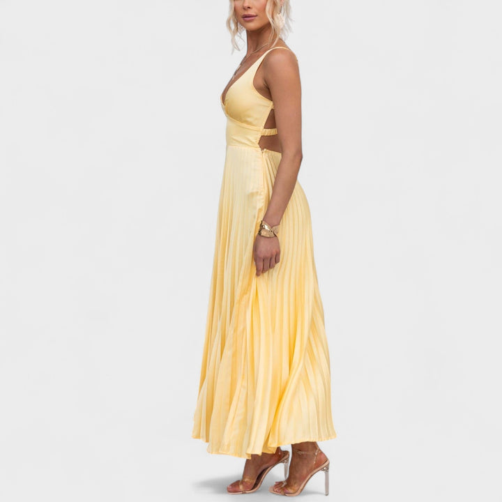 Aby - Vesta Maxi Gialla Plissettata con Scollatura a V