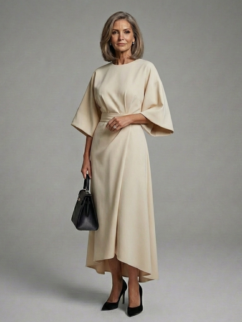 Sirenetta | Abito Midi Asimmetrico con Manica a Cappotto e Vita Definita