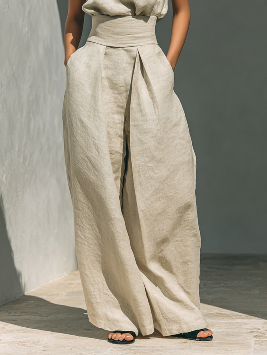 Aurora | Set composto da top senza maniche beige in misto cotone-lino finto e pantaloni a gamba larga
