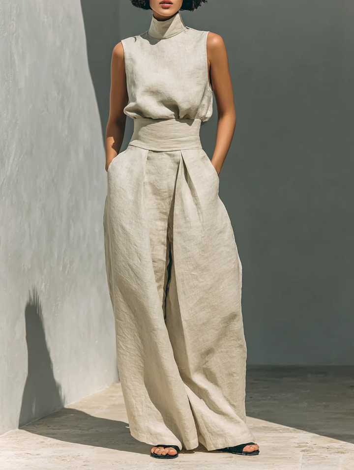 Aurora | Set composto da top senza maniche beige in misto cotone-lino finto e pantaloni a gamba larga