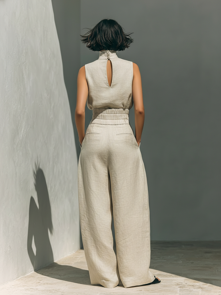 Aurora | Set composto da top senza maniche beige in misto cotone-lino finto e pantaloni a gamba larga