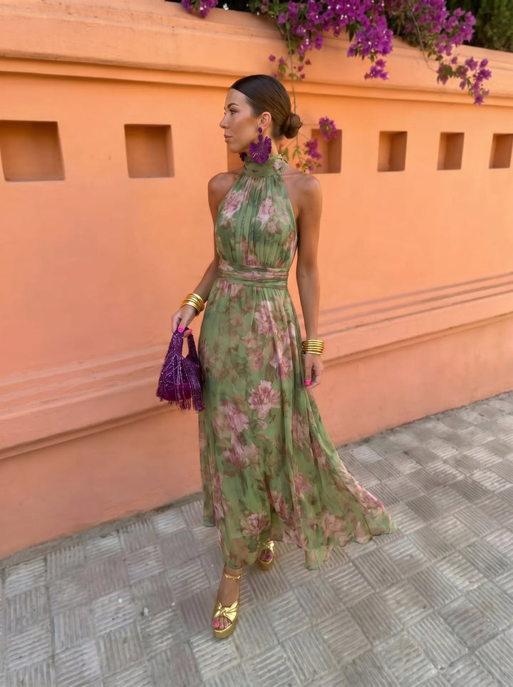 Florence | Abito Lungo Halter Floreale Verde