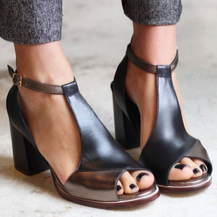 Anyao™ Eleganti Sandali con Tacco e Punta Aperta in Patchwork Nero – Perfetti per Ogni Occasione