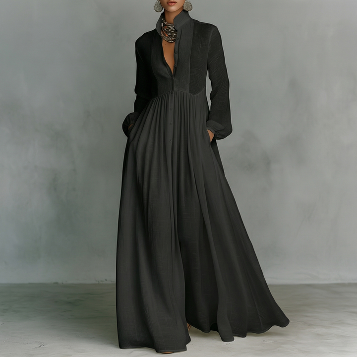 Maxi Minimalista in Cotone e Lino con Patchwork, Collo Alto e Maniche Lunghe