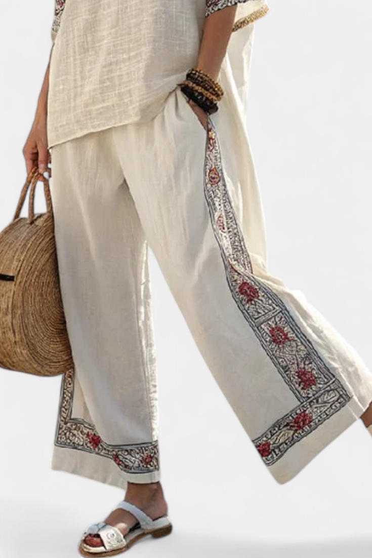 Completo Mediterraneo Daisy in lino di bambù con eleganti righe rosse e verdi