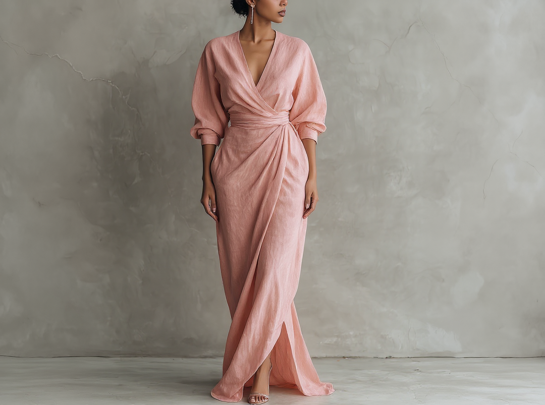 Abito lungo minimalista rosa con scollo a V in misto lino da donna